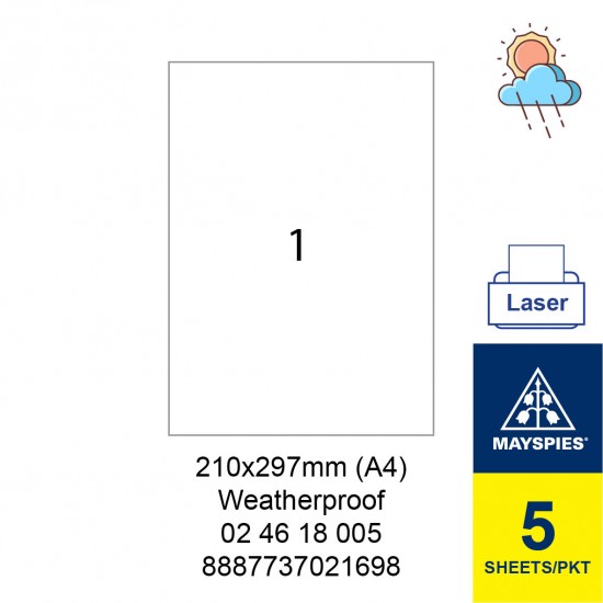 MAYSPIES 02 46 18 005 PREMIUM COLOR LASER LABEL / 5 SHEETS/PKT WHITE WEATHERPROOF 210X297MM